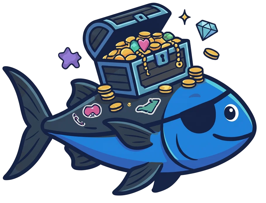 Falmouth Pediatric Dentistry Treasure pirate fish mascot with overflowing treasure chest illustration in Falmouth, ME