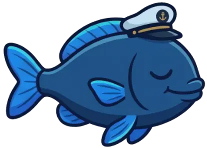 Falmouth Pediatric Dentistry Captain Calm dark blue fish mascot character illustration in Falmouth, ME